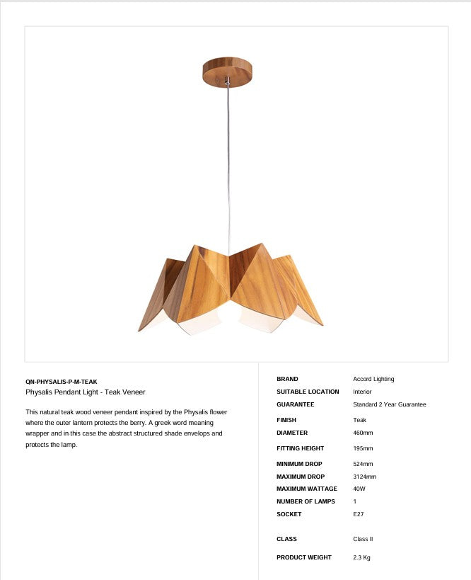Physalis Pendelleuchte - Teak Furnier (Neuheit)