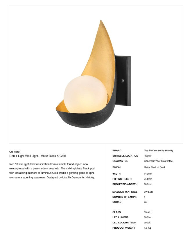 Ren 1 Light Wandleuchte - Mattschwarz & Gold (Neuheit)