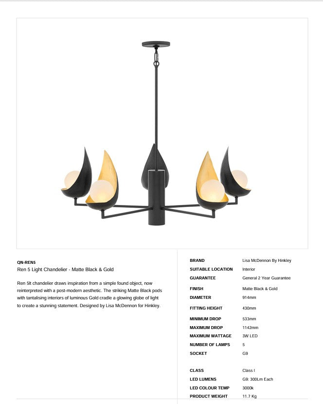 Ren 5 Light Kronleuchter - Mattschwarz & Gold