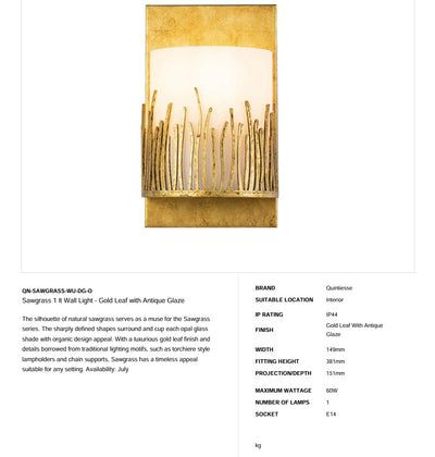 Sawgrass 1 lt Wandleuchte - Blattgold mit antiker Glasur (lieferbar ab Juli 25)