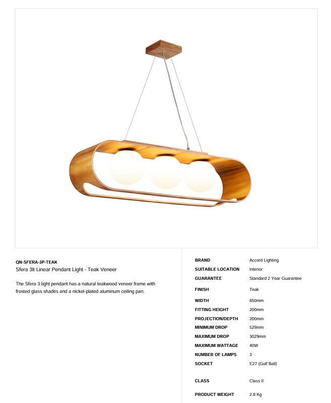 Sfera 3lt Lineare Pendelleuchte - Teak Furnier