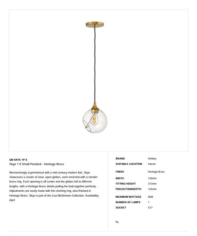 Skye 1 lt Kleine Pendelleuchte - Heritage Messing