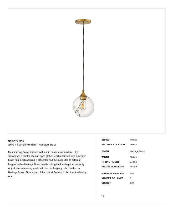 Skye 1 lt Kleine Pendelleuchte - Heritage Messing