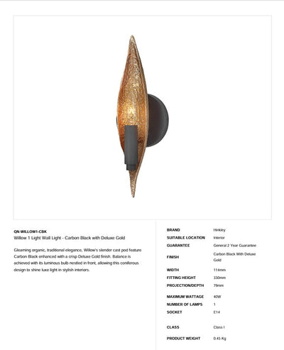 Willow 1 Light Wandleuchte - Carbon Black mit Deluxe Gold (Neuheit) - Clicklights Shop