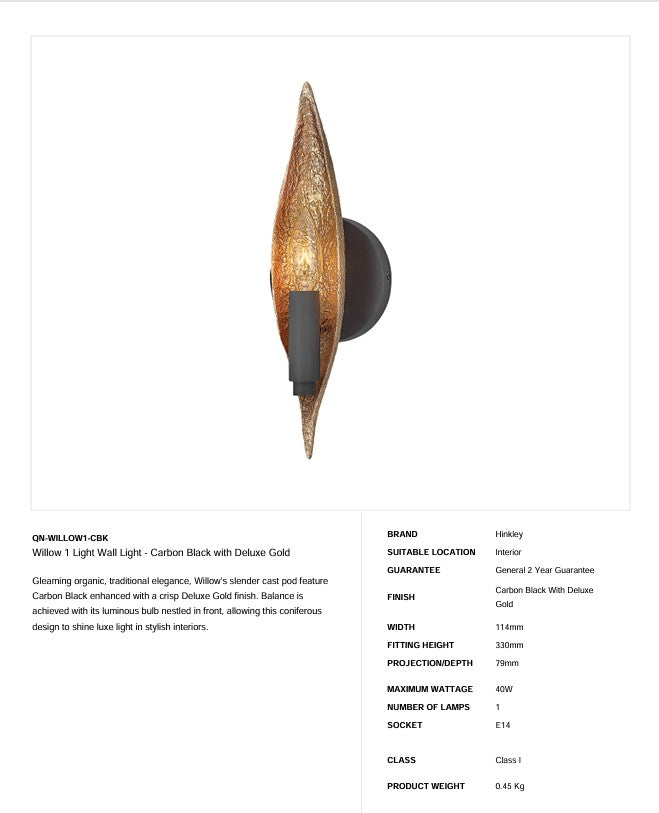 Willow 1 Light Wandleuchte - Carbon Black mit Deluxe Gold (Neuheit) - Clicklights Shop