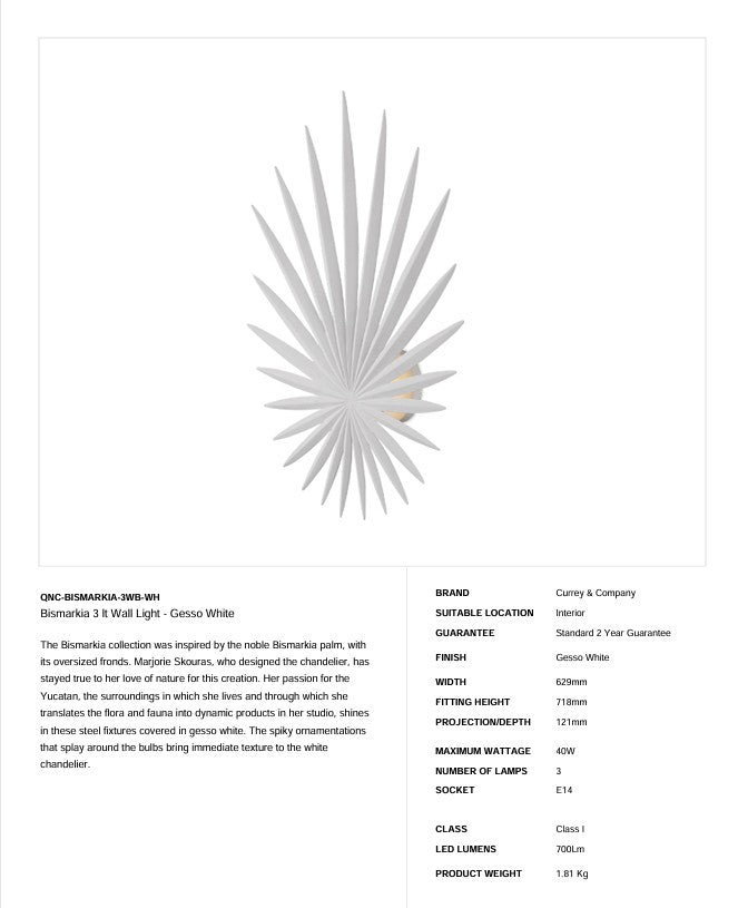 Bismarkia 3 lt Wandleuchte - Gesso Weiß (Neuheit)