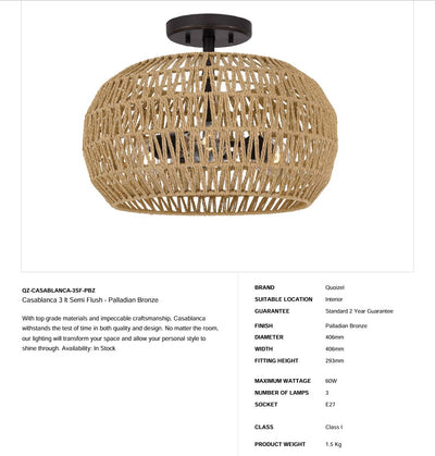 Casablanca 3 lt Semi Flush - Palladian Bronze (Neuheit)