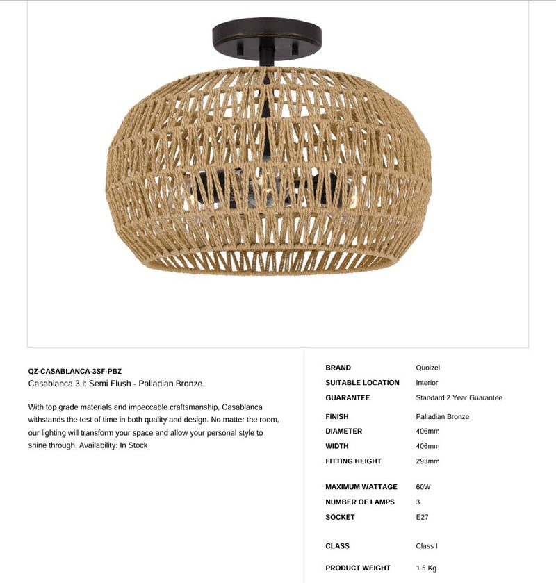 Casablanca 3 lt Semi Flush - Palladian Bronze (Neuheit)
