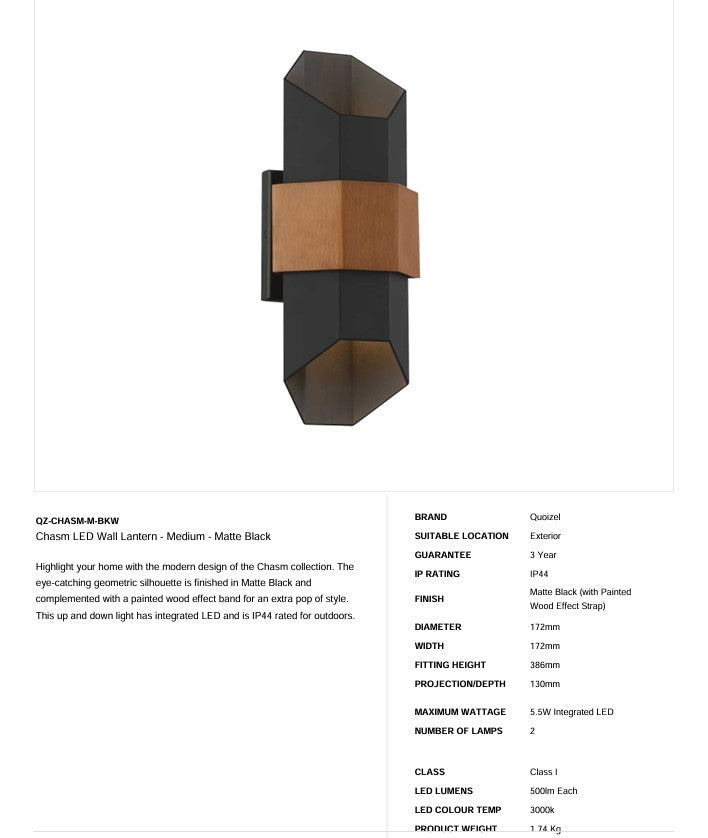 Chasm LED Wandlaterne - Mittel - Mattschwarz