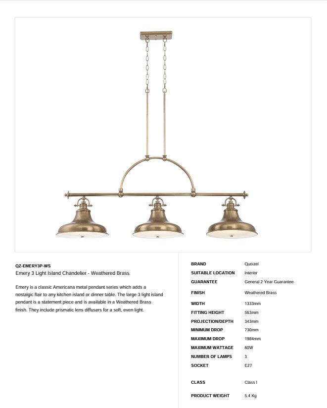 Emery 3 Light Island Chandelier - Weathered Brass