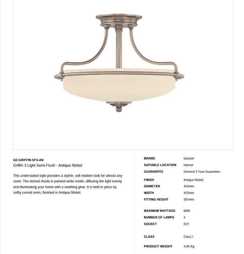 Griffin 3 Light Semi-Flush Light - Antique Nickel