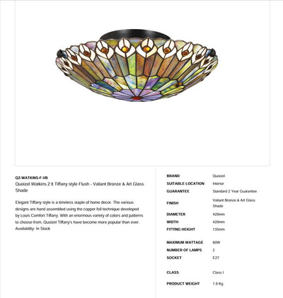 Quoizel Watkins 2 lt Tiffany Style Flush - Valiant Bronze & Kunstglas Schirm