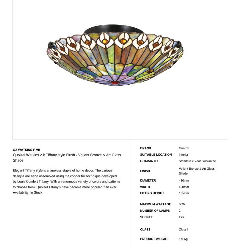 Quoizel Watkins 2 lt Tiffany Style Flush - Valiant Bronze & Kunstglas Schirm