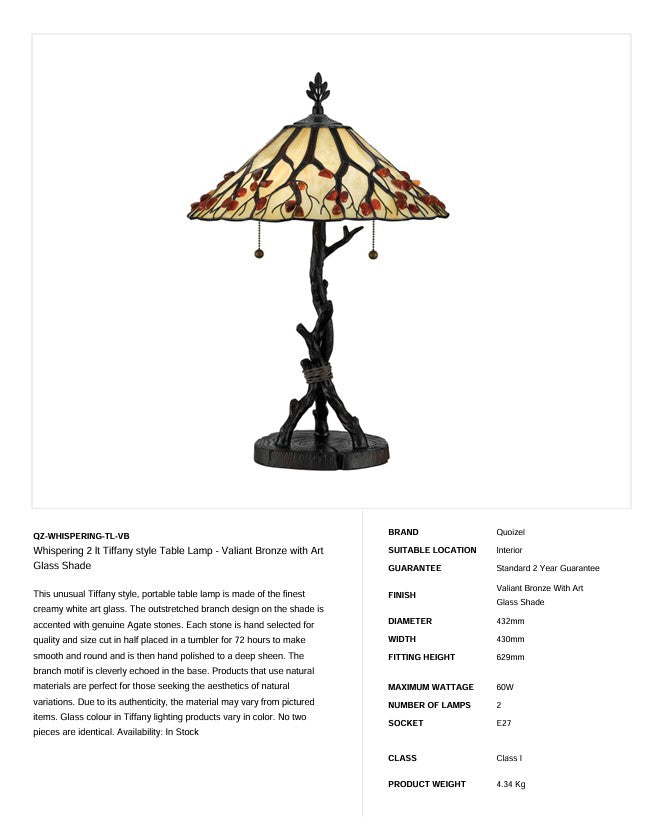 Flüsternde 2 Tischlampe im Tiffany-Stil - Valiant Bronze mit Kunstglasschirm (Neuheit)
