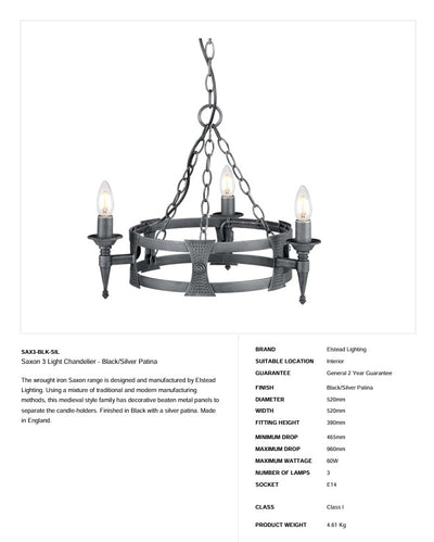 Sächsischer Kronleuchter mit 3 Lichtern - Schwarz/Silber Patina - Clicklights Shop