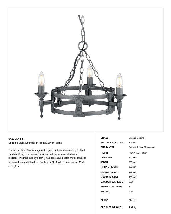 Sächsischer Kronleuchter mit 3 Lichtern - Schwarz/Silber Patina - Clicklights Shop