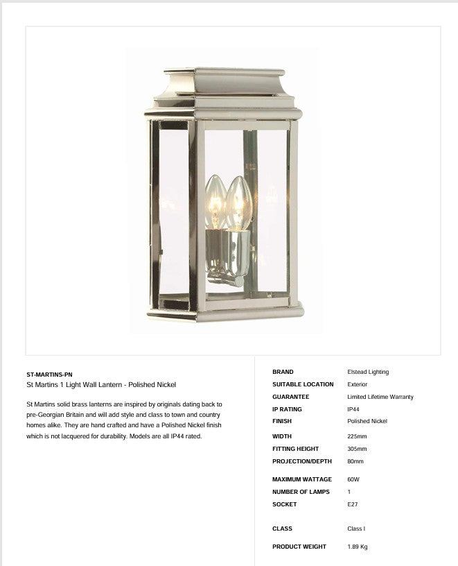 St Martins 1 Light Wandlaterne - Nickel poliert