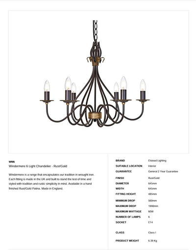 Windermere Kronleuchter mit 6 Leuchten - Rost/Gold - Clicklights Shop