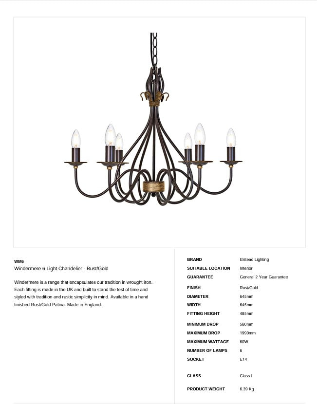 Windermere Kronleuchter mit 6 Leuchten - Rost/Gold - Clicklights Shop